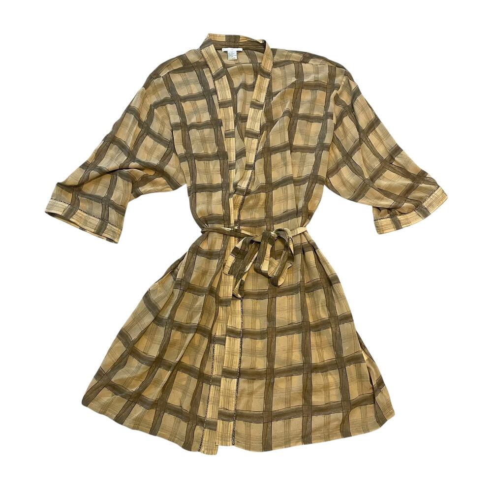 Vintage Halston Silk Robe Dress Plaid Animal Print Trim Sheer Tie Waist SZ Large